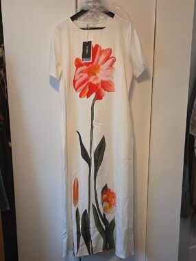 Cream Maxi Dress with Red Floral Stem Print